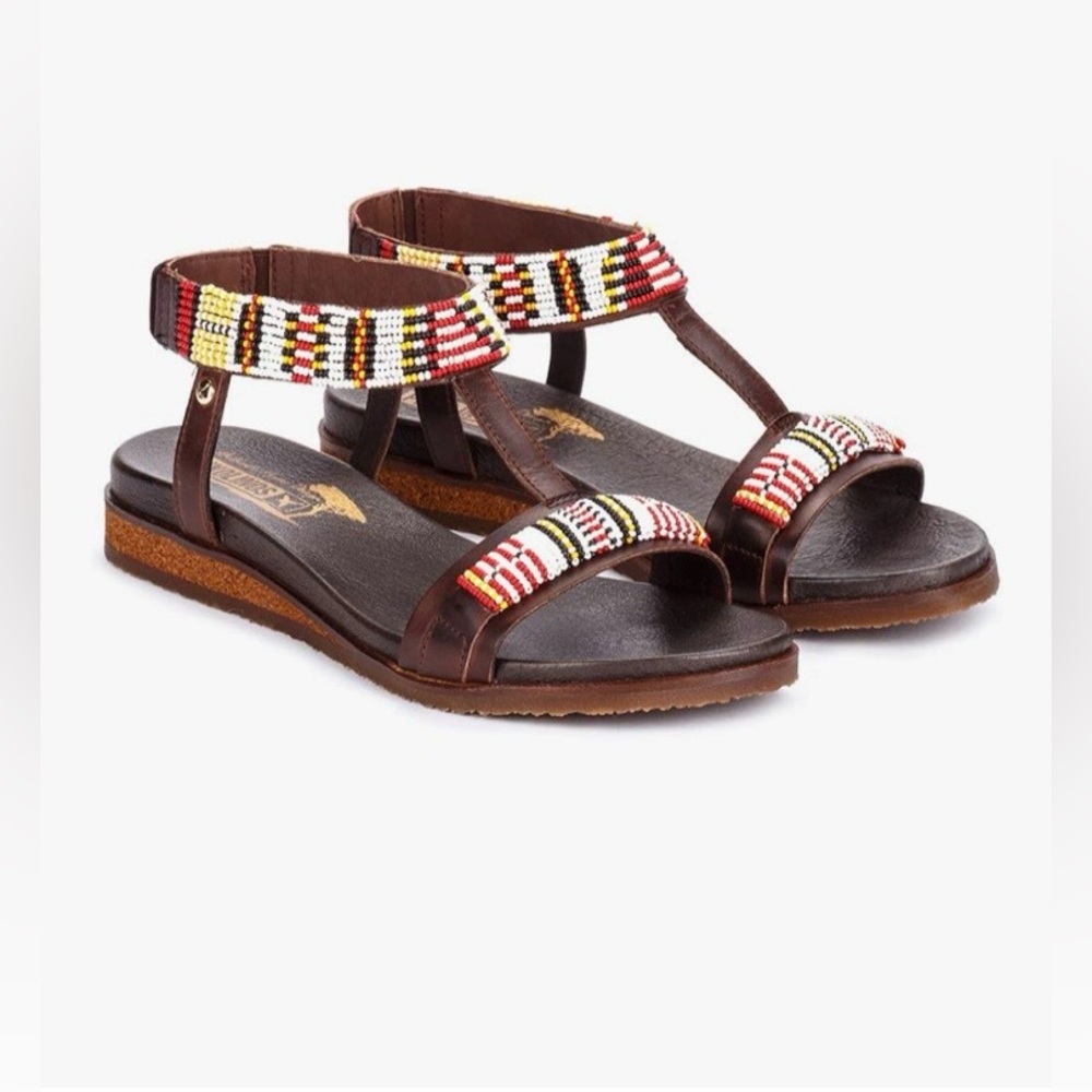 PIKOLINOS Brown Leather Beaded T-Strap Sandals with Multicolor Accents